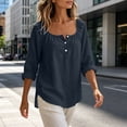 thumbnail image 4 of NTACZA Blouses Women'S Summer&nbsp;Tops Solid Cotton And Linen Casual Button Front Scoop Neck 3/4 Sleeve Relaxed Fit Navy, 4 of 7