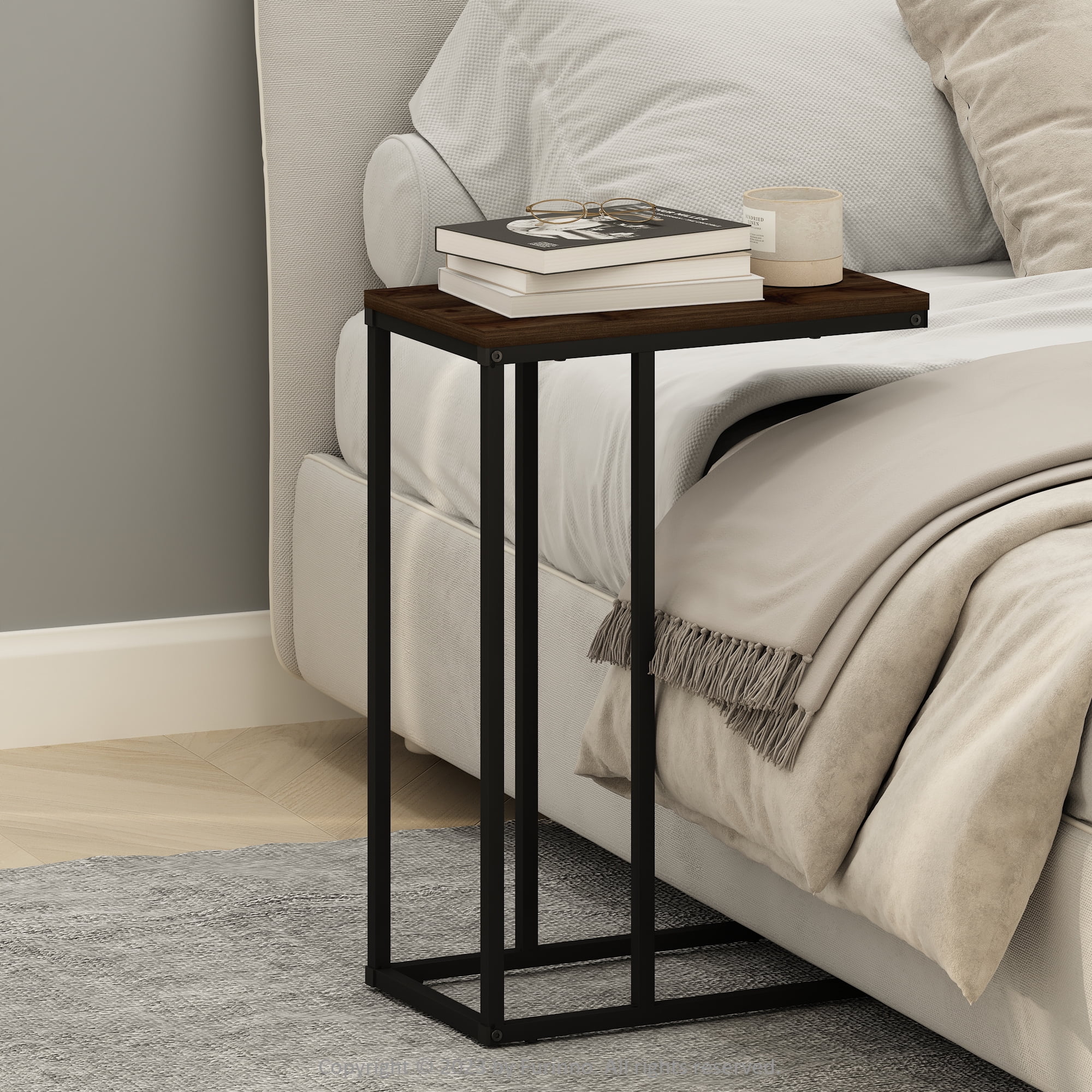 Furinno C-Shaped Side Table, End Table for Couch, Sofa & Bed with Metal Frame, Columbia Walnut