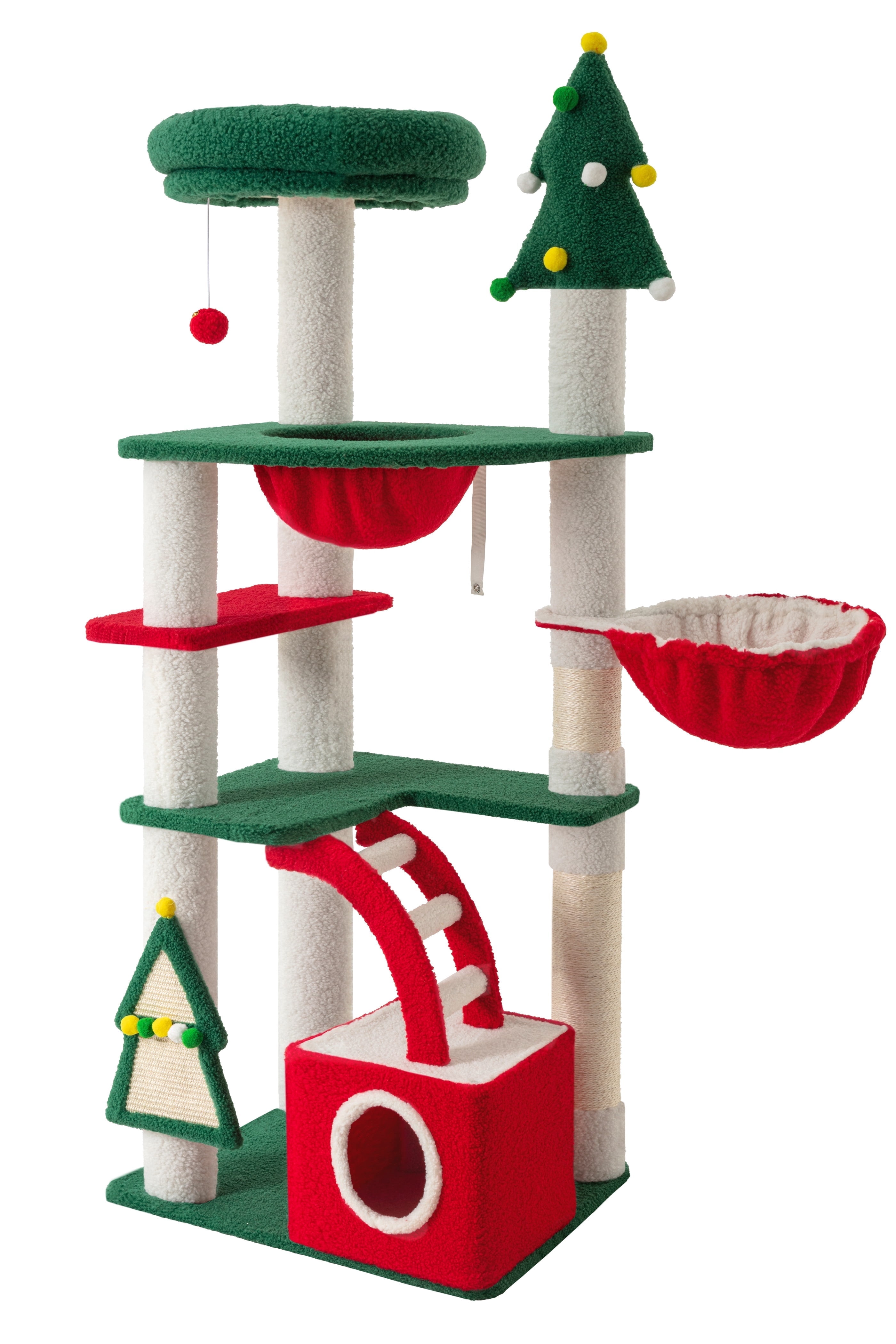 Amolife 67" Large Cat Tree and Tower, Christmas Condo House with Stair & Scratching Posts for Indoor Cat, Red & Green