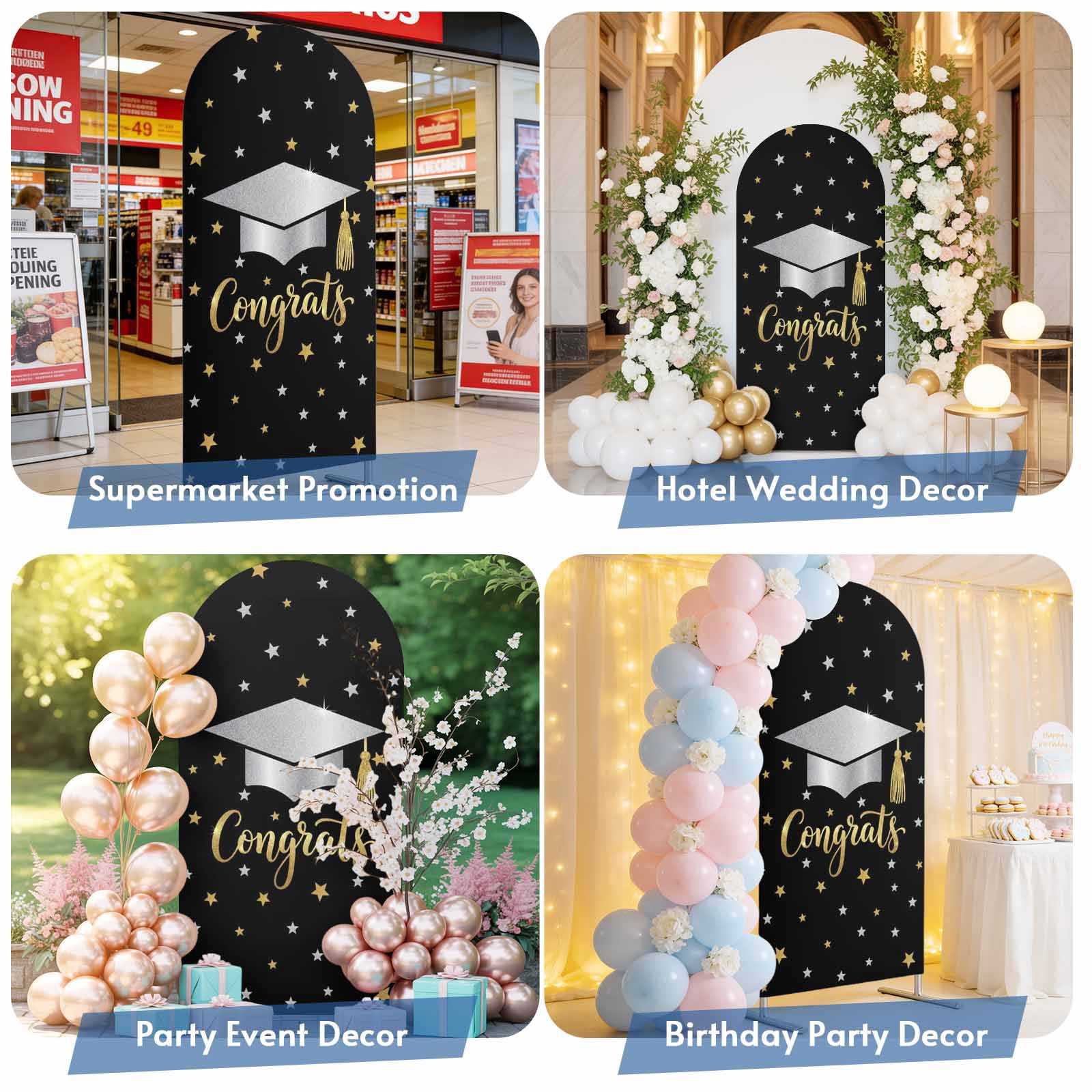 Congratulate Graduate Season Arch Backdrop Cover 7.2 FT Graduation Hat Golden Sliver Star Black Stretchy Arch Stand Covers Spandex Arched Background Birthday Wedding Party Decoration (No Stand)