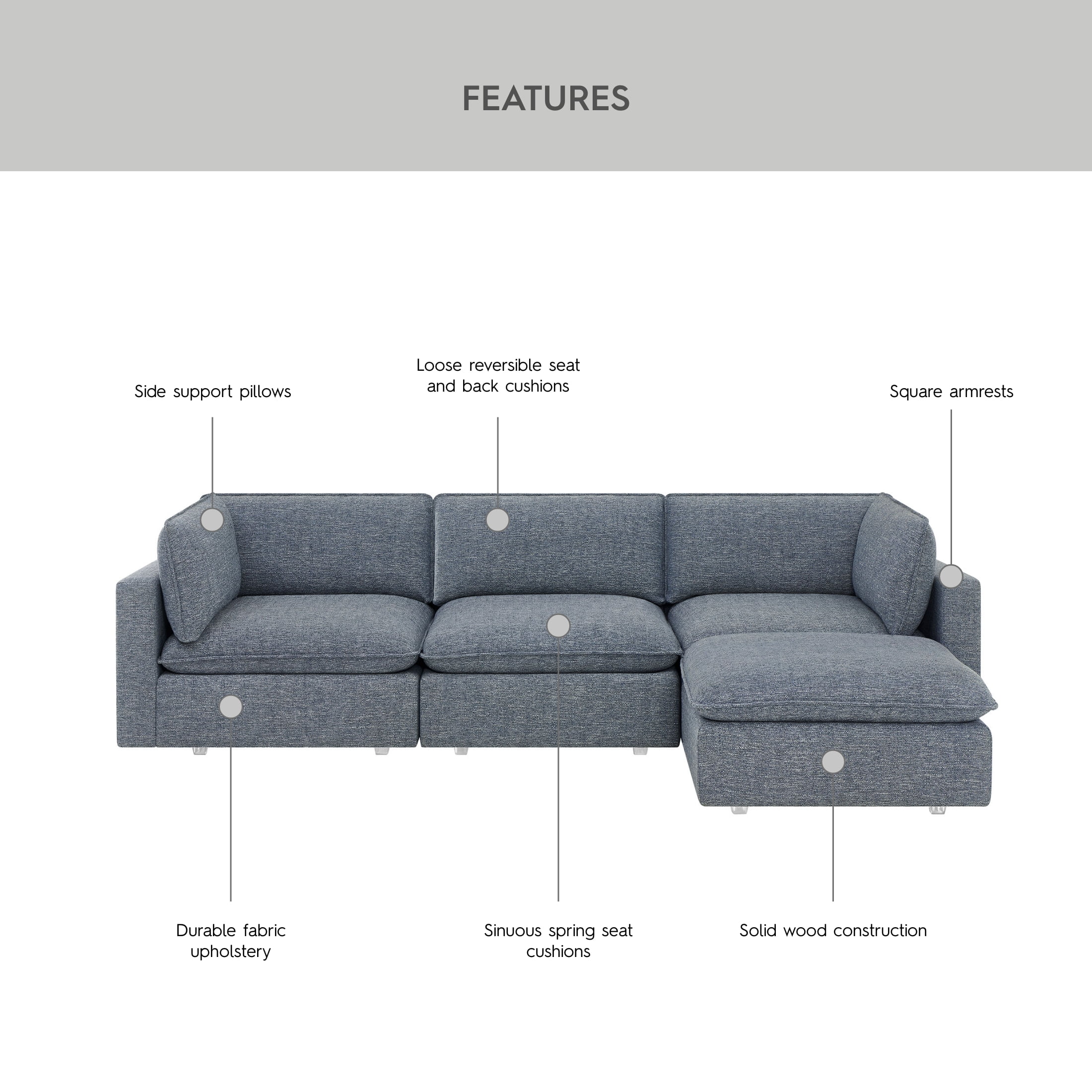 Better Homes & Gardens Weston 107.5" Cloud Modular Sectional Sofa, Blue