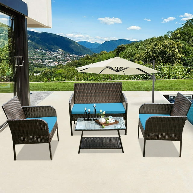 uhomepro Patio Porch Conversation Furniture Sets, 4 Pieces PE Rattan Wicker Chairs with Coffee Table, Outdoor Garden Furniture Sets, Cushioned Outdoor Wicker Patio Set, Wicker Bistro Set, Q12104