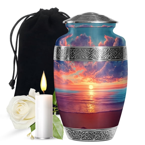 JAGASY Beach Unique Urn for Daughter, Blue Large Urns for Human Ashes for Women & Men, Ocean Sunset Orange Clouds Decorative Urns for Son, Yellow Burial Urn for Children, (10 Inch)