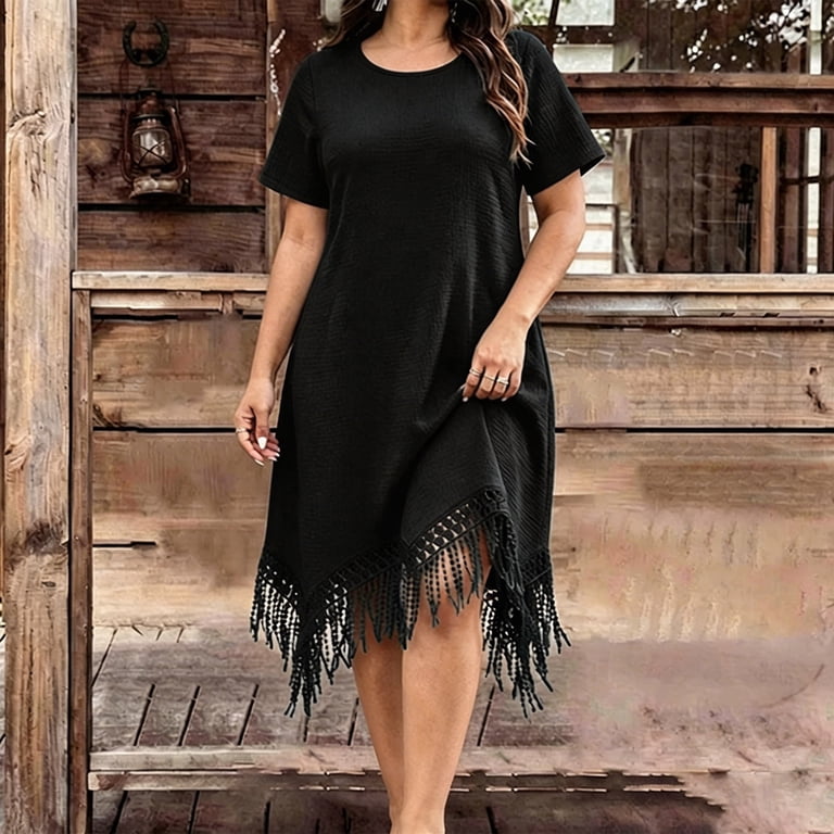 black fringe dress plus size Women's Plus Size Dresses Solid Short Sleeve Fringe Hem Midi Dress Textured  Bohemian Casual Weekend Dress Black 3XL