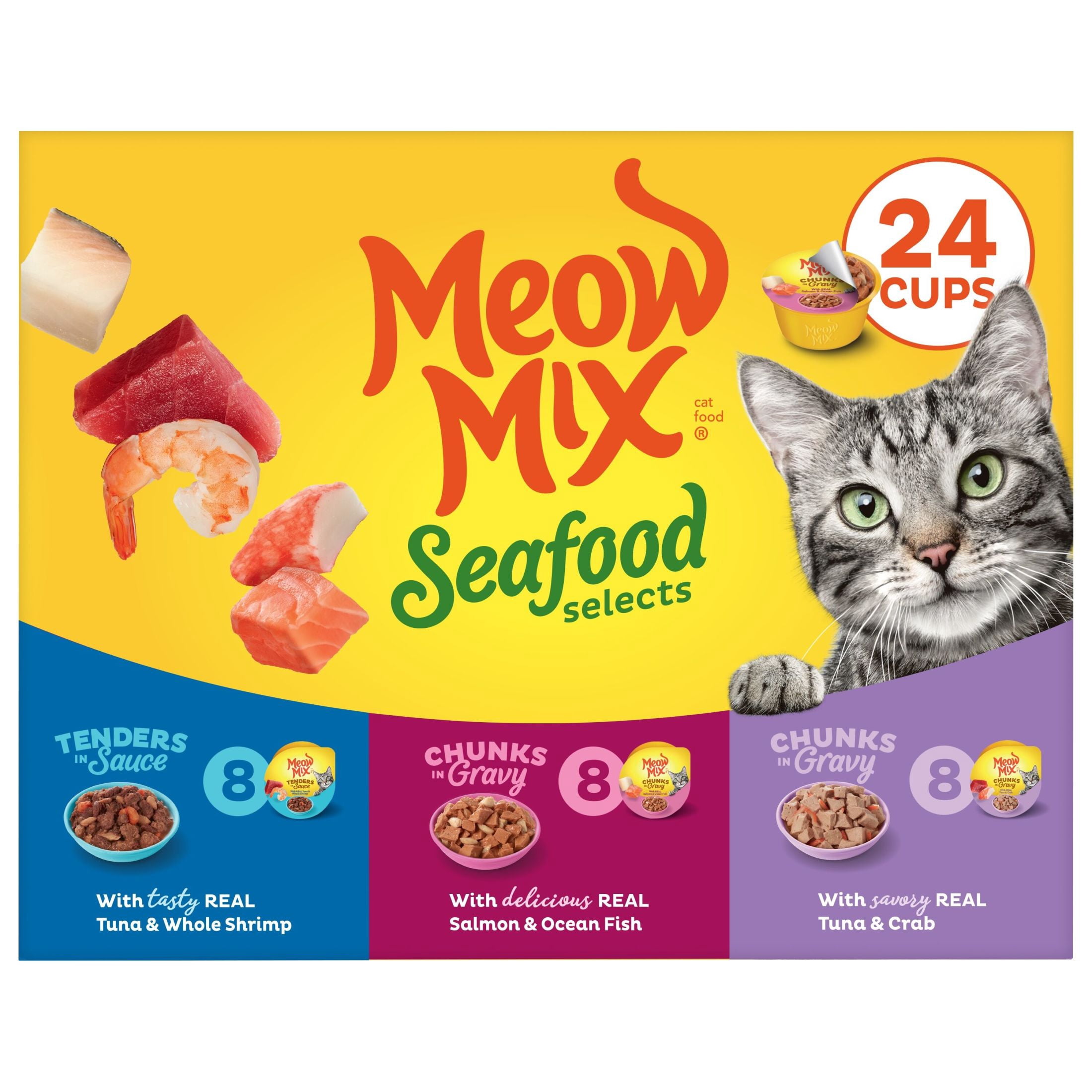 (24 pack) Meow Mix Seafood Selections Variety Pack, Wet Cat Food, 2.75 oz Cup (24 Pack)