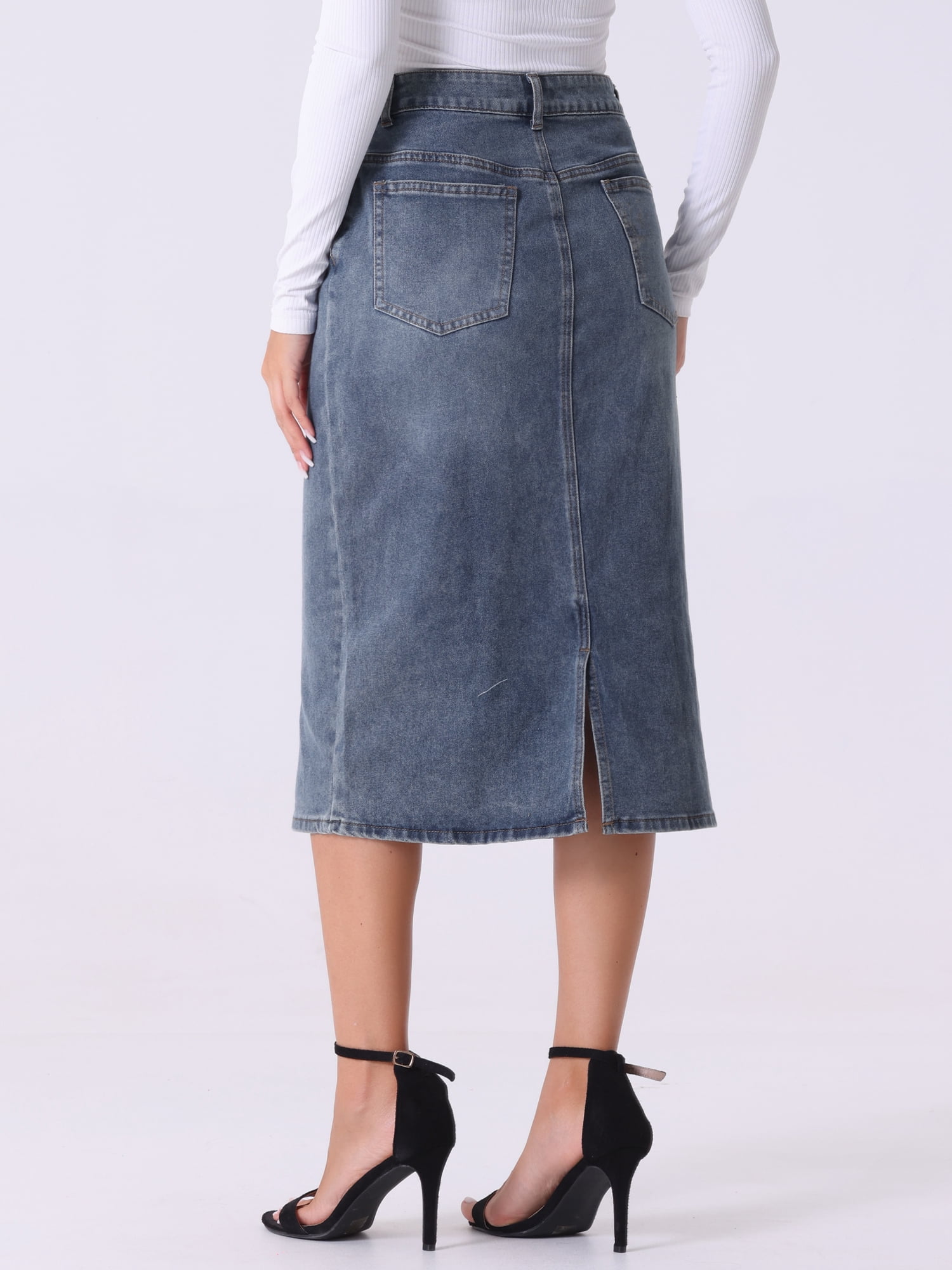 DARING DIVA Women's Denim Split Back Pockets Midi Jean Skirts XS Grey Blue
