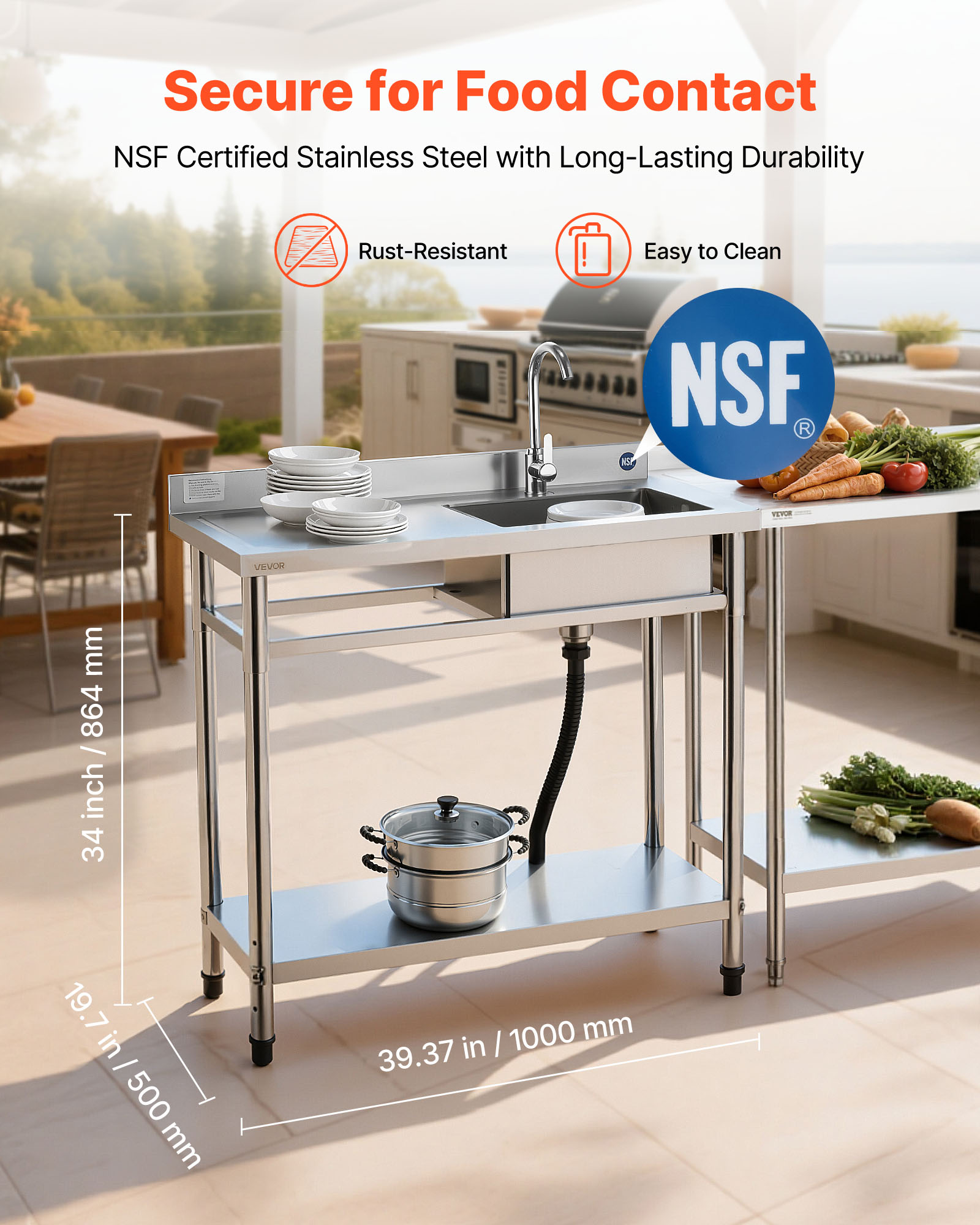 VEVOR Stainless Steel Utility Sink, Free Standing Single Bowl Commercial Kitchen Sink with Faucet, 39.4 x 19.7 x 37 in, Utility Left Basin with Hot & Cold Water Pipe for Garage, Restaurant, Laundry
