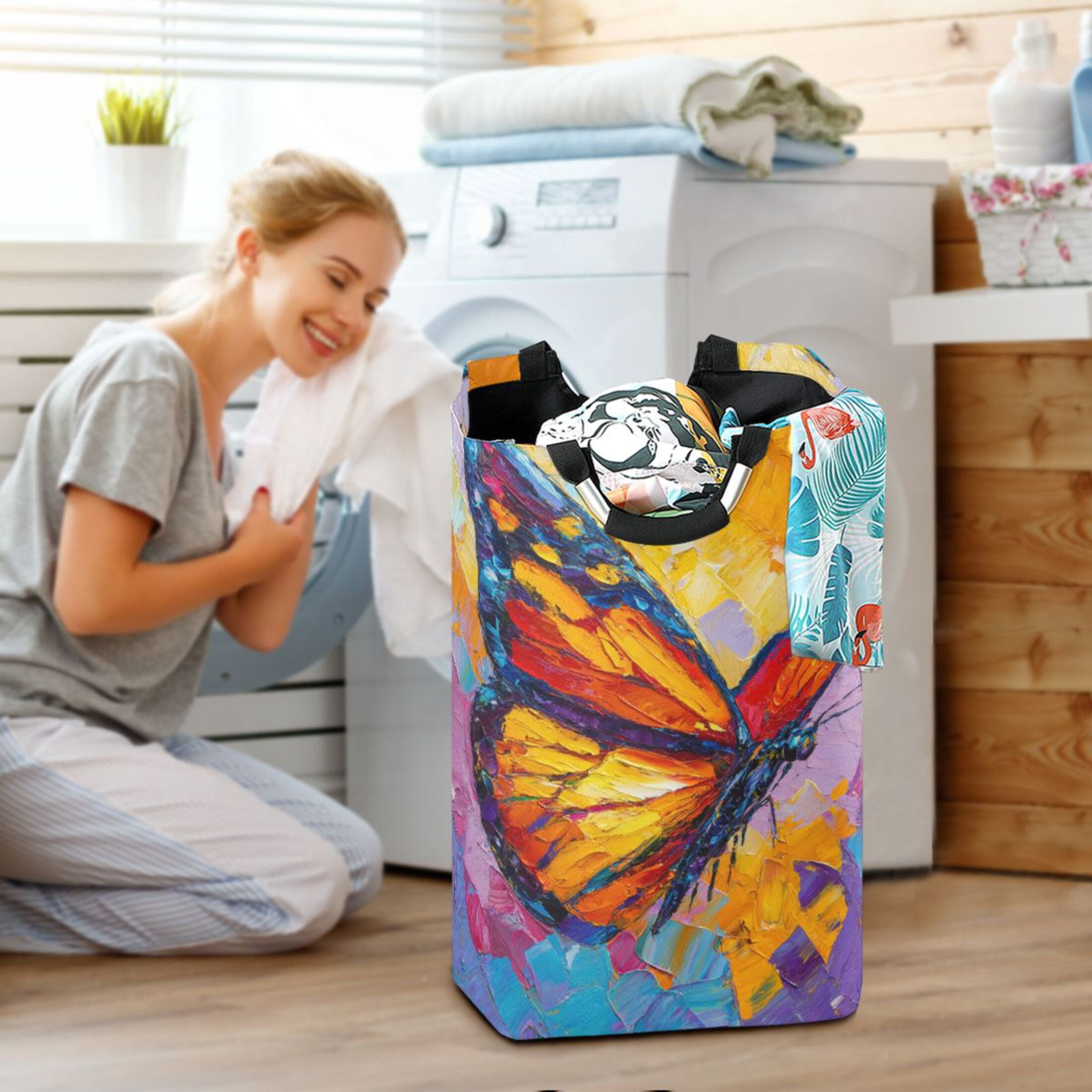 Foldable Laundry Hamper Bag with Handles Dirty Clothes Basket 12.6" x 11" x 22.7" Colorful Butterfly Flying