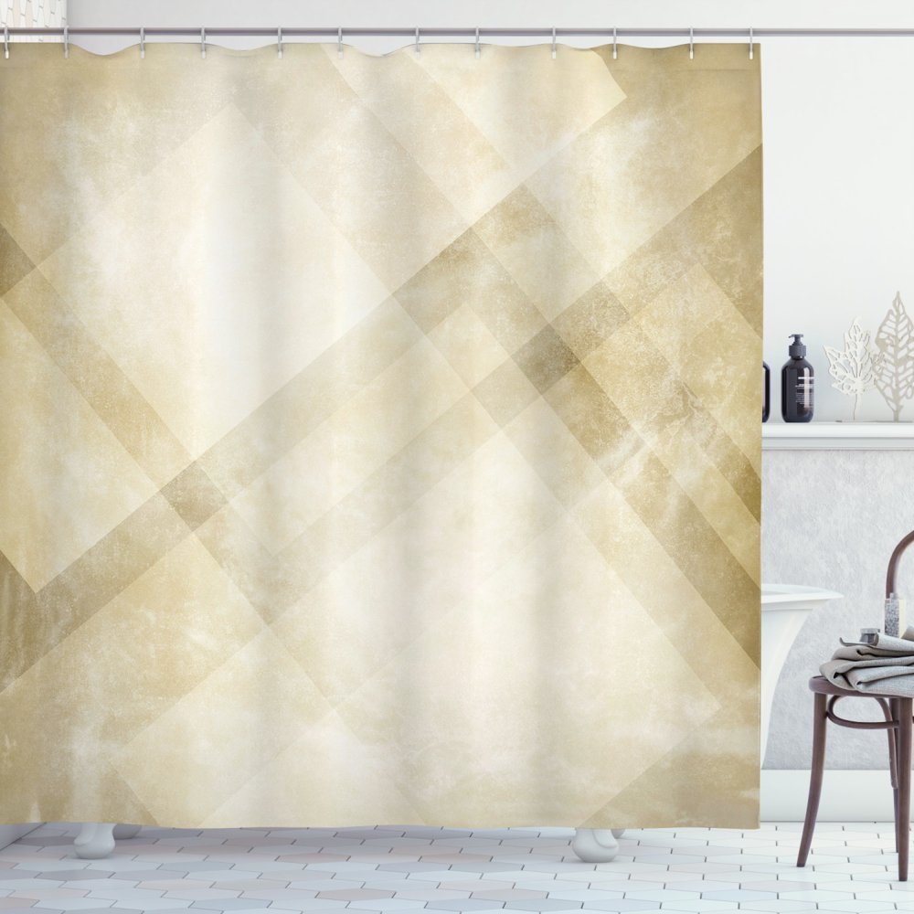 Tan Shower Curtain, Striped Vintage Faded Squares and Angled Lines