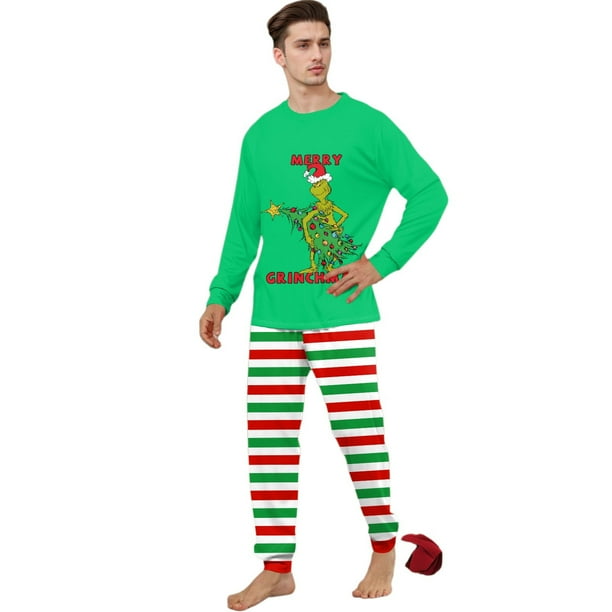 Moonsky Christmas Family Pajamas Matching Set Christmas Print Long Sleeve Green Tops and Red&Green&White Striped Pants Loungewear Soft Sleepwear#Men M
