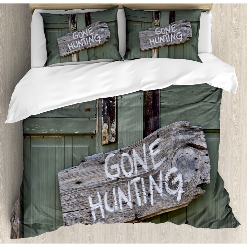 Hunting Duvet Cover Set, Gone Hunting Written on Wooden Board Old Worn