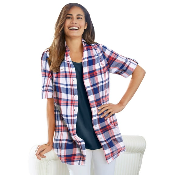 Woman Within Plus Size Short-Sleeve Button Down Seersucker Shirt