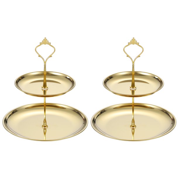 2 juegos de soporte para cupcakes de 2 niveles, bandeja de acero inoxidable para postres, decoración para fiestas de cumpleaños, dorado