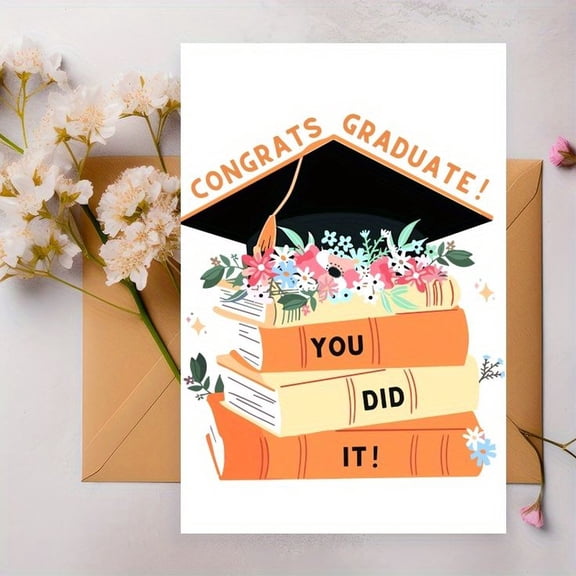 Congratulations Graduate Card – Cheerful “You Did It!” Design with Graduation Cap and Books – Perfect for Graduation Parties, High School, College Celebrations – Envelope Included