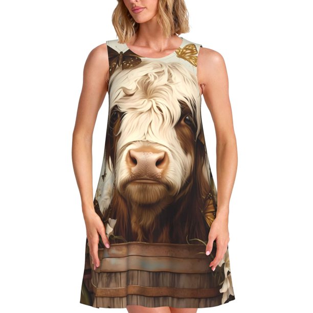 Balery Butterfly Cow Barrel Vestidos de verano para mujer con estampado: vestido holgado sin mangas, vestido playero informal y cómodo para días calurosos.
