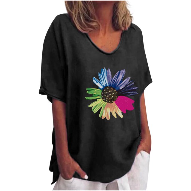 Hauts pour Femmes Col Ras du Cou Imprimé Manches Courtes Chemise en Coton et Lin Décontractée Légère Blouse Basique pour Dames Grande Taille