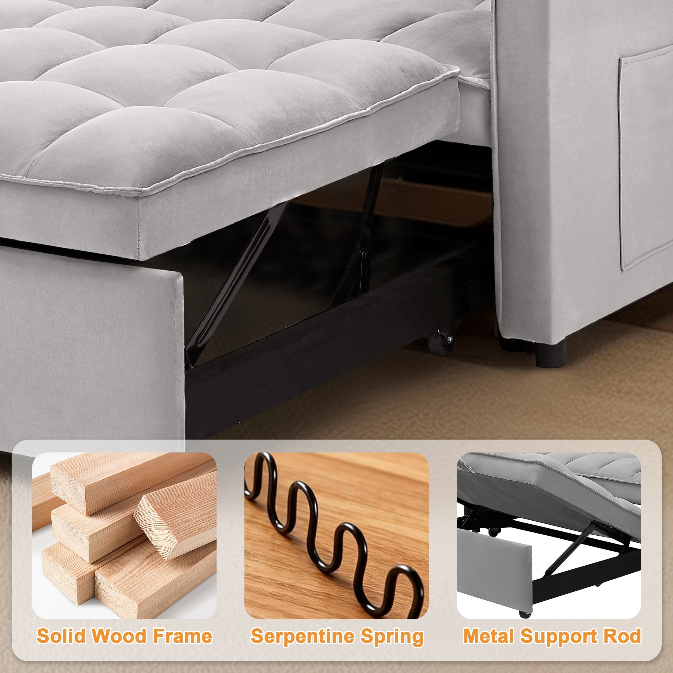 Howcool Convertible Sofa Bed, 3-in-1 Modern Velvet Pull-Out Couch with Side Storage Pocket and Adjustable Backrest, Gray