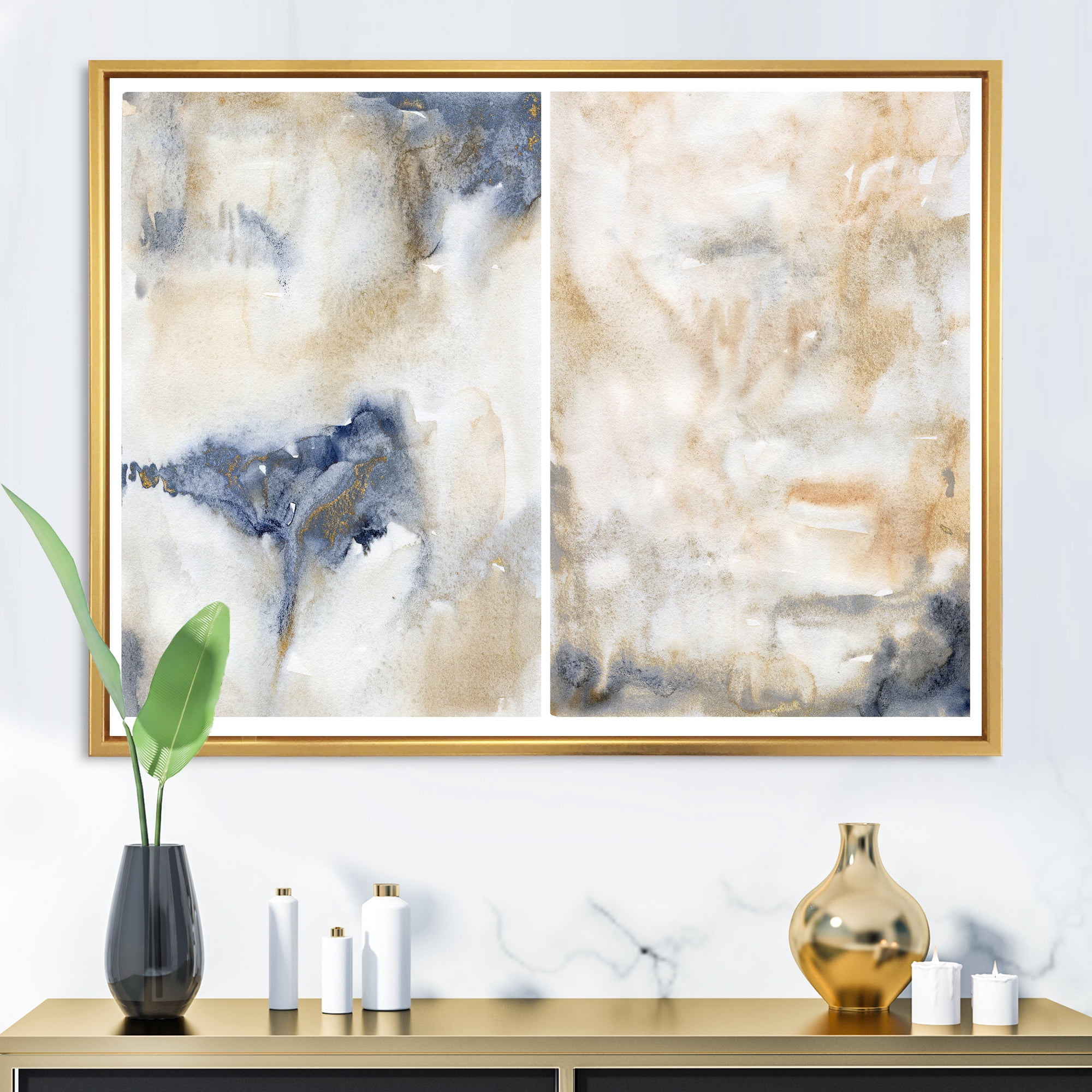 Designart 'Abstract Gold Beige Pink and Dark Pastel Strokes' Modern Framed Canvas Wall Art Print