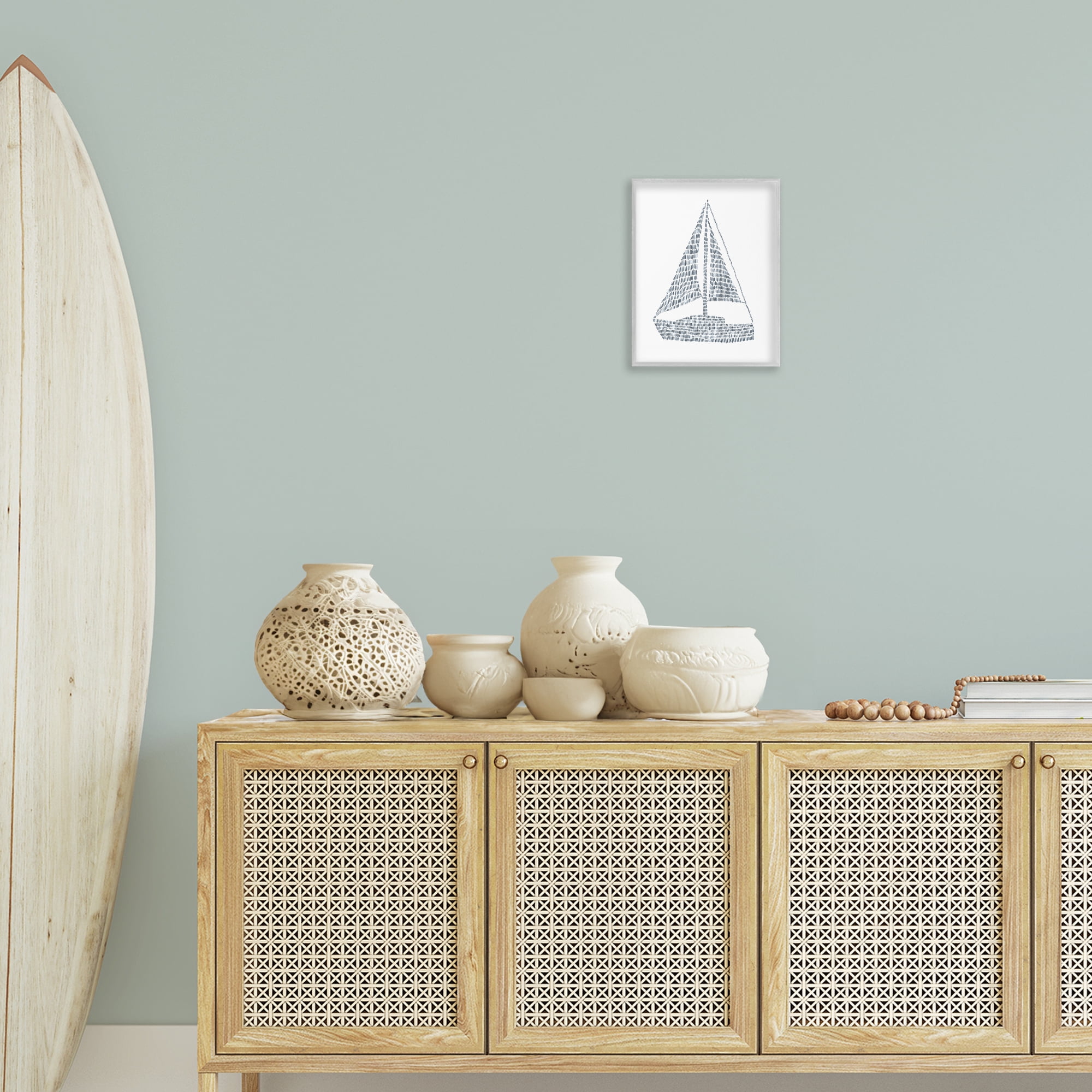 Stupell Industries Minimal Sail Boat Coastal Painting Gray Framed Art Print Wall Art, 11 x 14