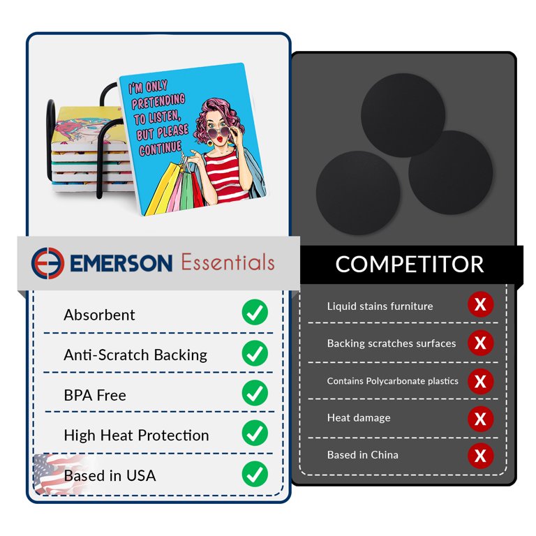 Emerson Essentials Coaster Set - 6 Pack Ceramic Coasters With Metal Holder & Gift Box (4 Inch)