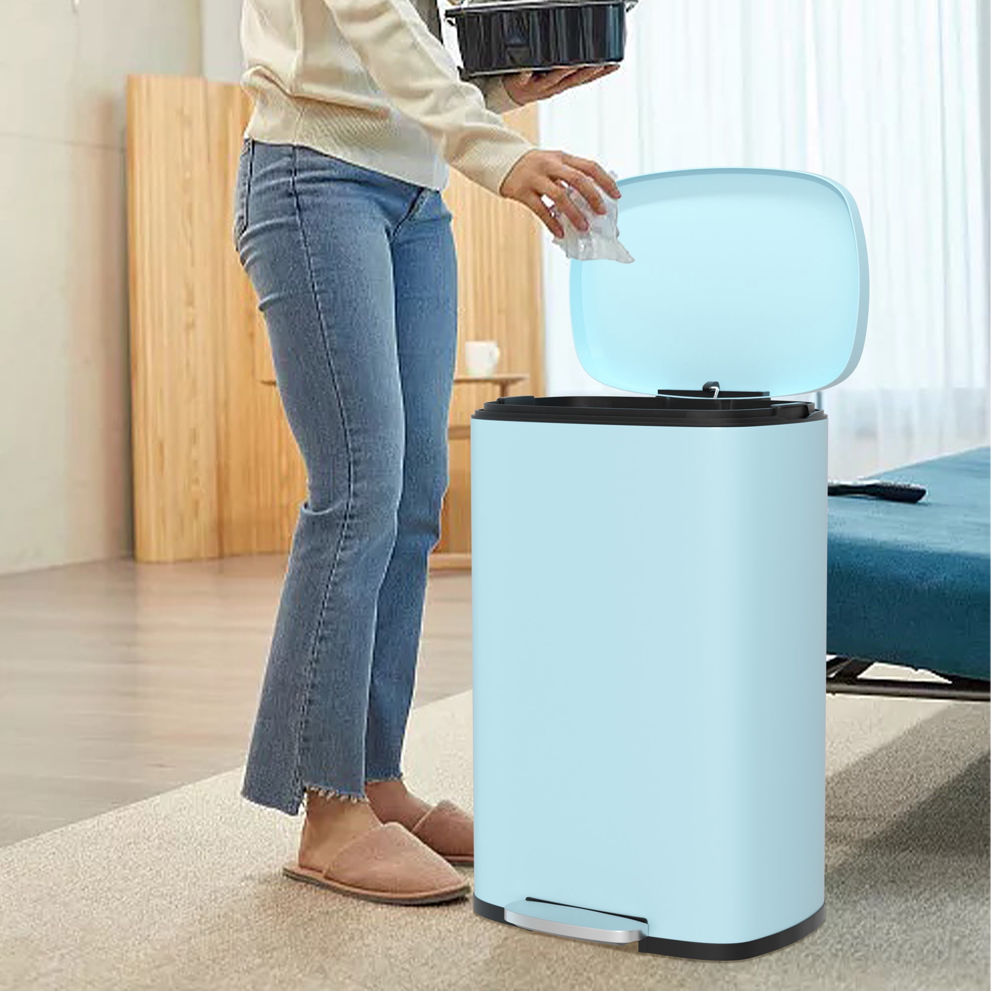 CL.HPAHKL 13 Gallon (50L)Trash Can ,Kitchen Trash Can, Stainless Steel with Lid, Foot Pedal and Inner Bucket, Fingerprint-Resistant Soft Close Lid Garbage Can, Pedal Rubbish Bin for Home Office