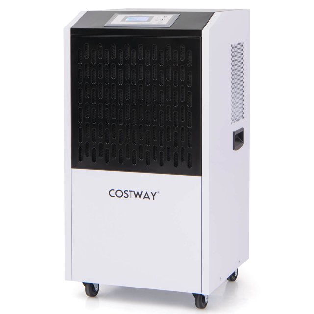 Costway 250 Pints Commercial Dehumidifier Industrial Heavy Duty Dehumidifier with a white and black metal and PVC body. Features include a digital display control panel, 4 universal wheels, and 2 built-in handles for easy mobility. Designed to remove up to 250 pints of moisture per day, it is suitable for large spaces up to 8500 sq.ft. Includes a 3.3 ft drain hose for continuous drainage and a removable, washable filter for easy maintenance. Ideal for warehouses, factories, basements, and construction sites.