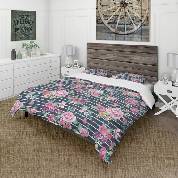 Designart 'Pink and Purple Flowers on Striped Background' Abstract Duvet Cover Set