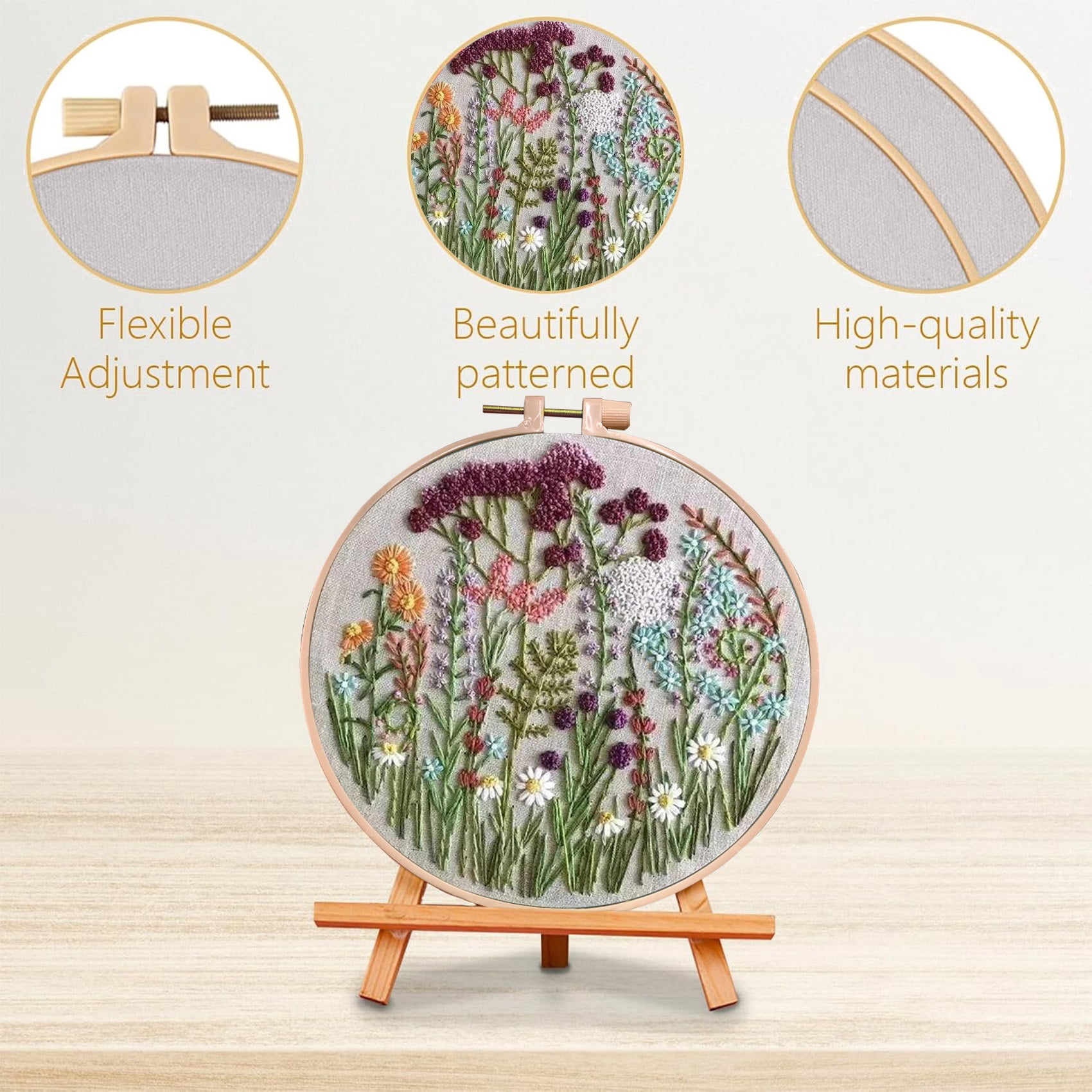 HVEST 4 Pack Embroidery Kit for Beginners - Rustic Floral & Green Leaf with Embroidery Pattern, Hoop, Complete Cross Stitch Supplies (Needle/Threads/Scissors) DIY Craft for Adults Sewing Hobby
