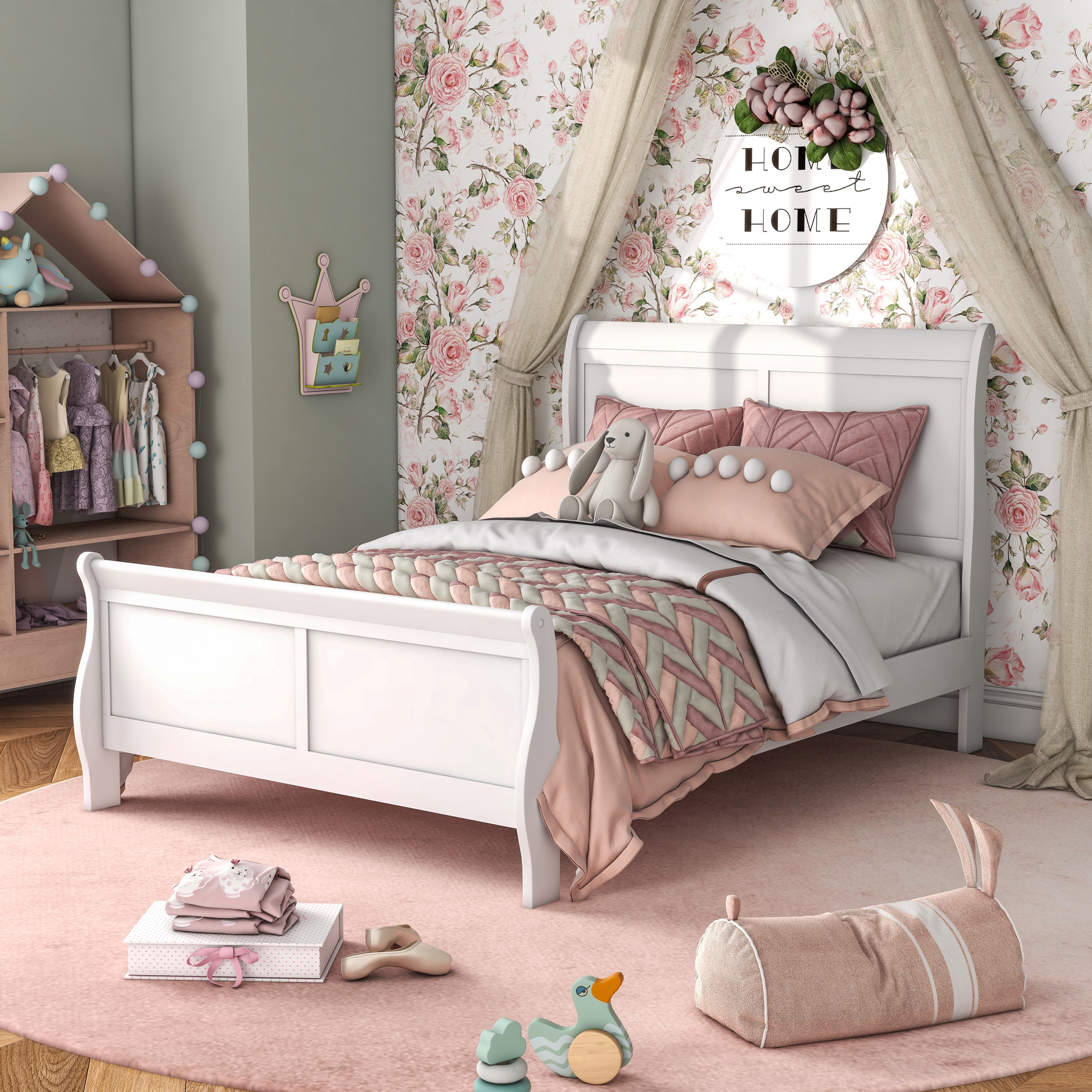 Furniture of America Vrai Adult Full Sleigh Headboard Wood Panel Bed, White