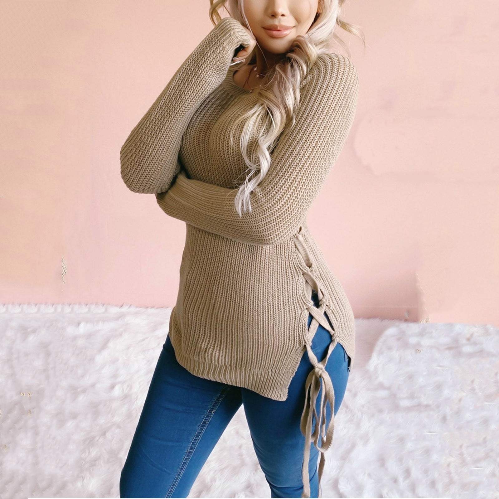 Fall Outfits For Women 2022, Ladies Long-sleeved Winter Round Neck Solid  Color Fashion Tie Knitted Sweater Jersey Mujer Manga Larga
