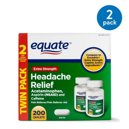 (2 Pack) Equate Extra Strength Headache Relief Caplets, 250 mg, 100 Ct, 2