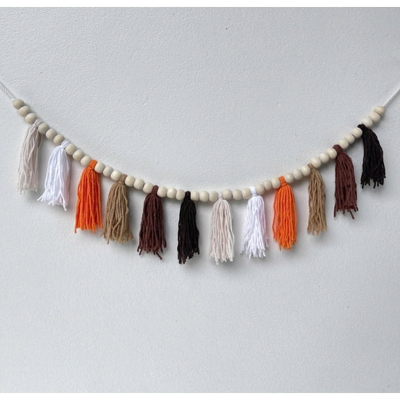 TOKATAN Boho Hanmade Wood Beads Garland with Tassels 2 Hooks| Yarn Fabric Decor for Nursery, Shower, Classroom, Birthday & Thanksgiving| Decorations, Western Fall Banner (Brown)