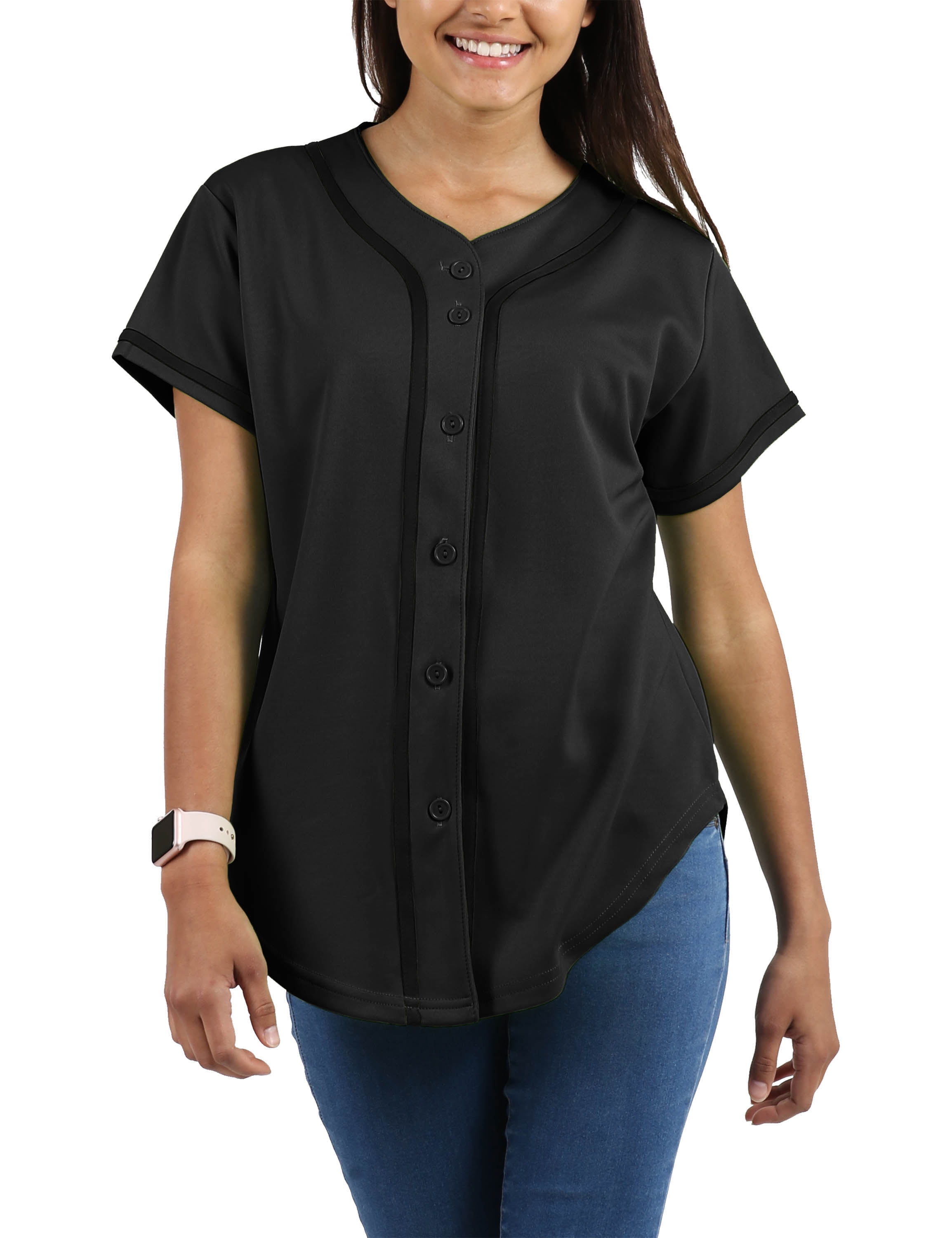 Ma Croix Womens Baseball Button Down Jersey Hip Hop Softball Athletic Short Sleeve Tee Sportswear, Women's, Size: Small, Black