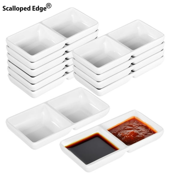 12Pcs Dual Dipping Sauce Bowls with 2 Compartments, Plastic Dip Sauce Dish Tray, Divided Fondue Plate, Ketchup Wasabi Dipping Plate for Parties Restaurants Home
