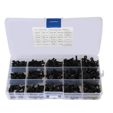 

460Pcs Hex Socket Screw Set Black Flat Head Nut Carbon Steel Combination Boxed M3 M4 M5