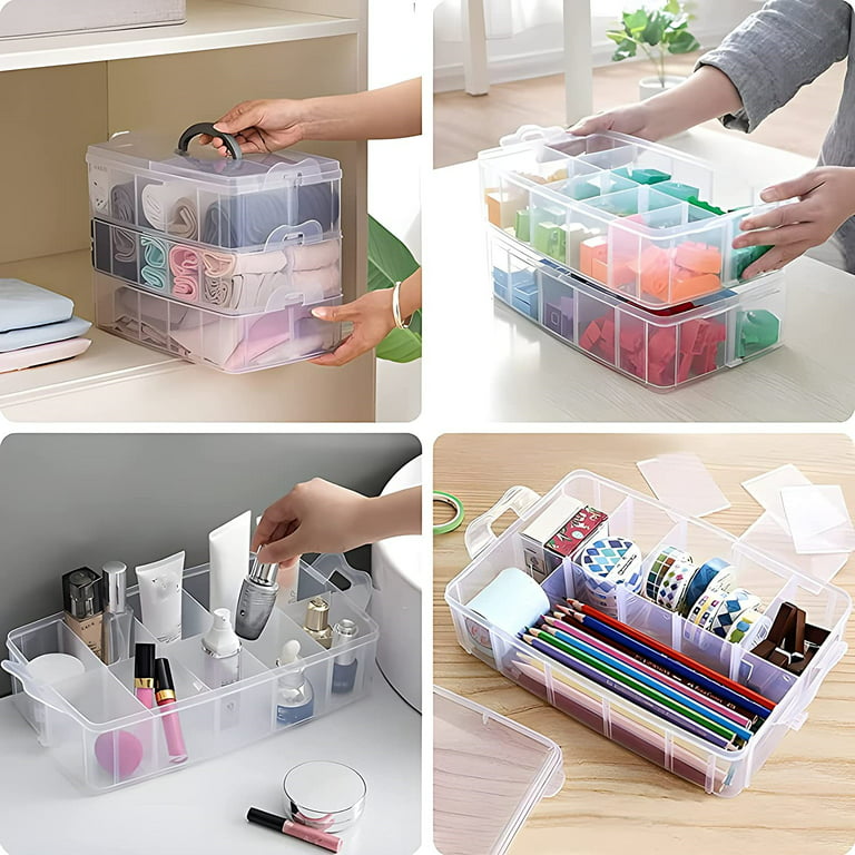 Topboutique 3-Layer Things & Crafts Storage Box with 18 Adjustable Compartments,Plastic Stackable Storage Box for Organizing Embroidery Accessories, Threads