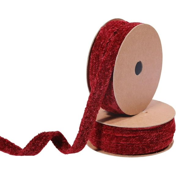 Polyester Chenille Ribbon for Garment Accessories Gift Decoration Dark Red 3/8 inch(11mm) about 3.28 Yards(3m)/Roll