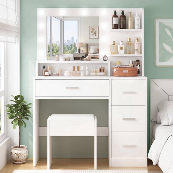 Vanity Desk with LED Mirror & Stool, Makeup Vanity Set with Adjustable Lighting, Large Storage Drawer, Modern Minimalist Dressing Table for Bedroom,White