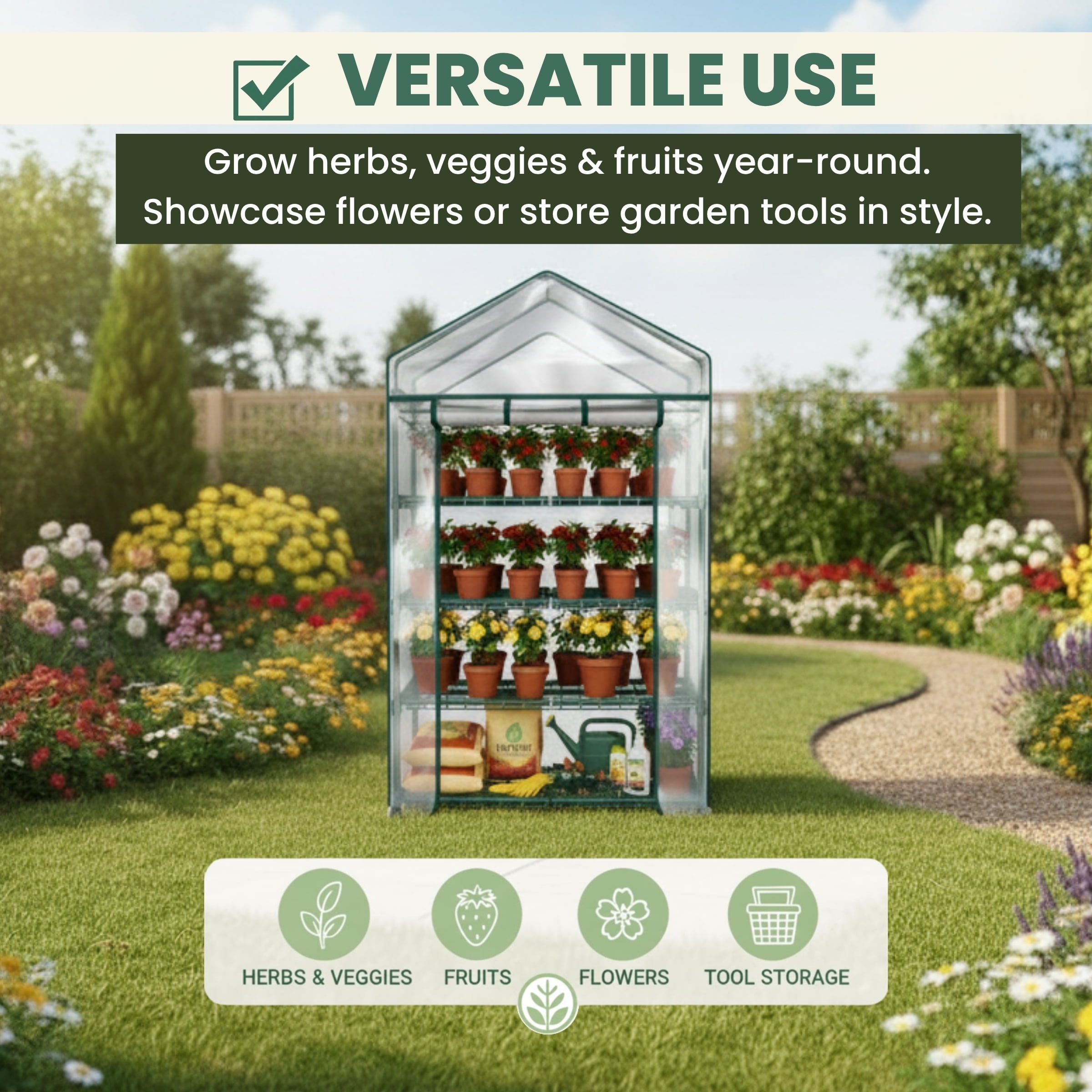 Home-Complete 4 Tier Mini Greenhouse with Locking Wheels and PVC Cover
