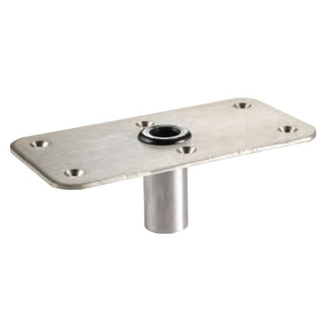 Attwood Marine Boat Seat Pedestal Base Plate 64839 Lock N Pin; Rectangular; 4 Inch Length x 8 Inch Width; Non-Threaded; Satin; Stainless Steel; ABYC - B; Acetal Bushing; 3/4 Inch Pin Type Base
