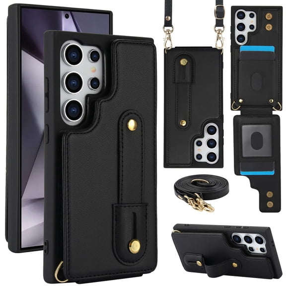 Tianyeda Crossbody Wallet Phone Case for Samsung Galaxy S26 Ultra, PU Leather Case Back with Card Slot Magnetic Clasp Kickstand wrist holder black