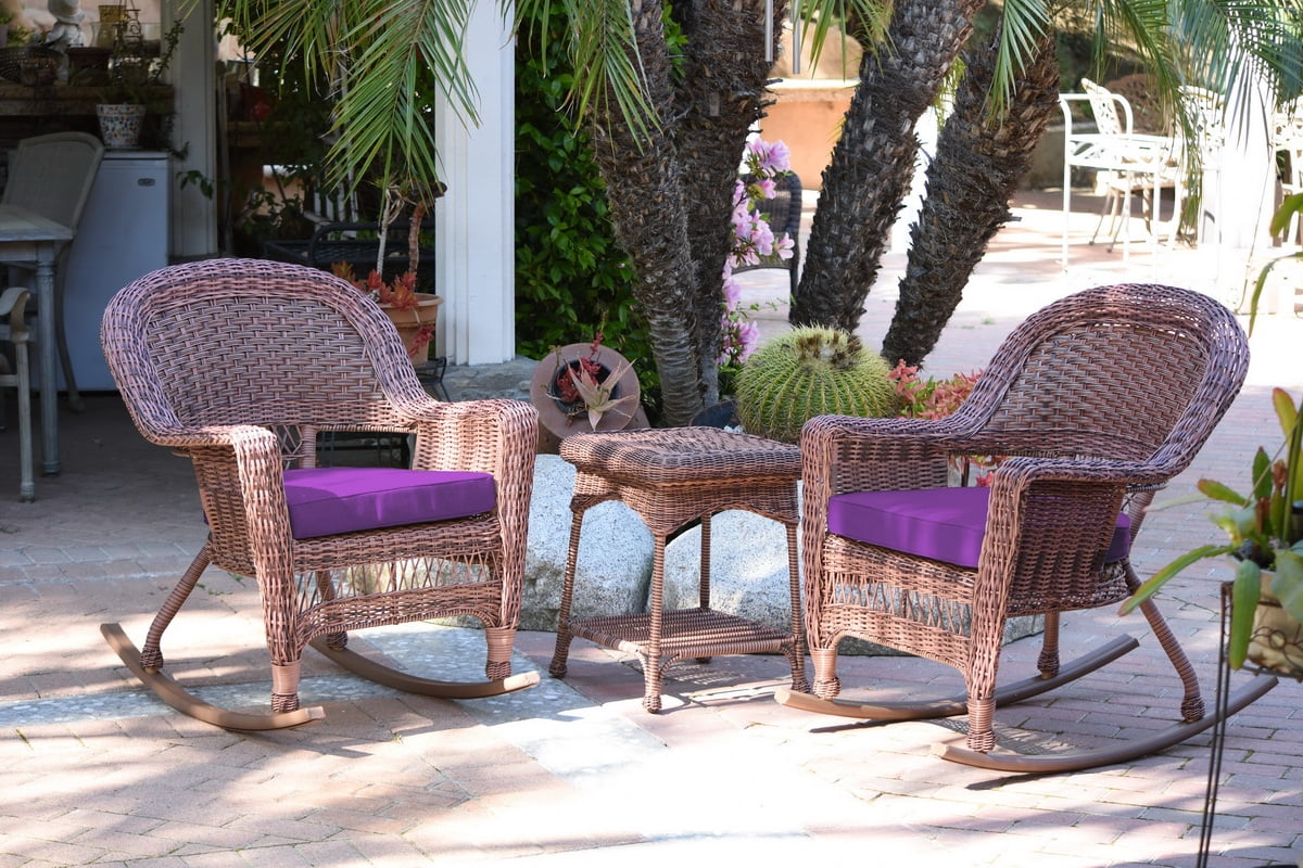 Jeco W00205R-C_2-RCES031 3Pc Honey Rocker Wicker Chair Set With Purple