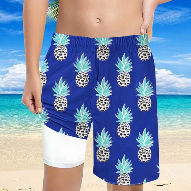 Gyexs Short de Bain avec Doublure de Compression pour Garçons, Short Athlétique, Maillot de Bain Graphique Mode Bleu, 5T