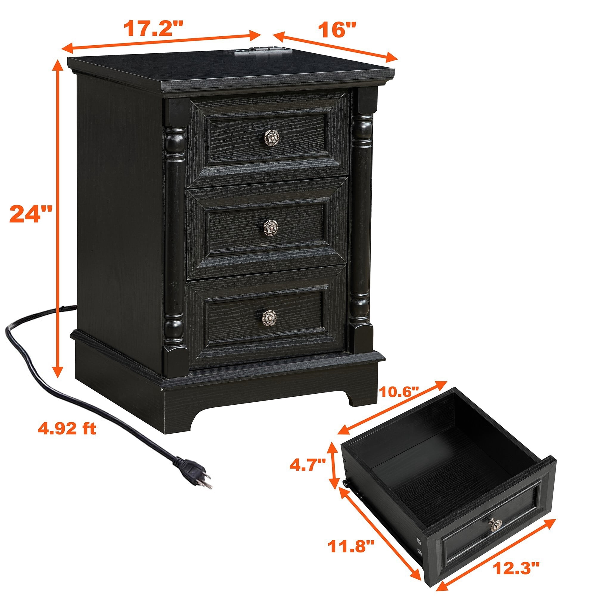 AENKYO Farmhouse 3-Drawer Nightstand with Charging Station, Rustic Wooden End Table for Bedroom & Living Room, Black