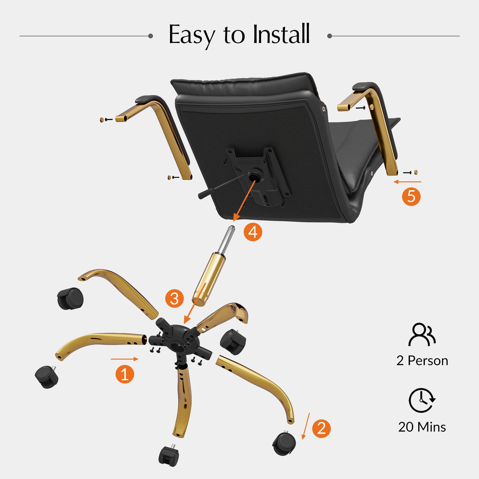 Faux Leather Office Chair Adjustable Swivel Desk Chair with Golden Legs and Arms Upholstered, Black