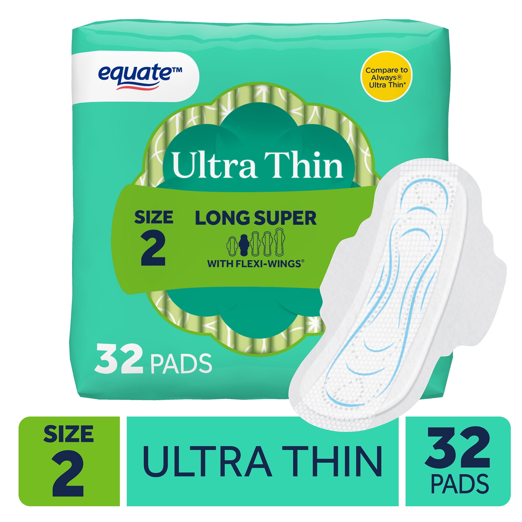 Equate Ultra Thin Pads with Flexi-Wings, Long Super Absorbency, Size 2, 32 Count