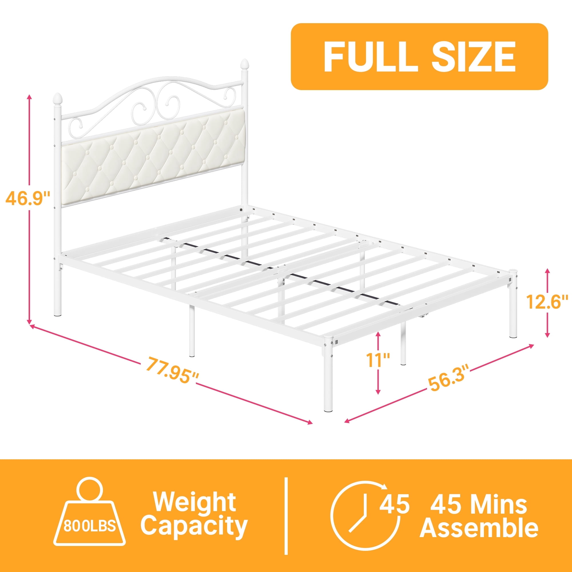 Yoneston Full Size Metal Platform Bed Frame with Faux Leather Upholstered Headboard for Adults Kids Bedroom Furniture, White