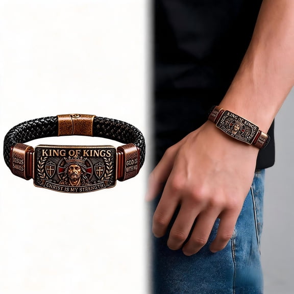 King of Kings Men Engraved Leather Bracelet, Mens Beaded Bracelets with Magnetic Closure, Christian Gifts for Men Inspirational Jewelry 4 Inch