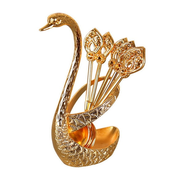 Bangus Coffee Dessert Spoon Set, Metal Swan Base Holder Spoon Organizer with 6 Spoons, Decorative Swan Shaped Style Holder