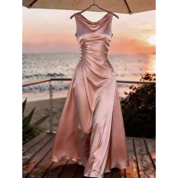 Pink Satin Maxi Dress With Cowl Neck, Sleeveless, Draped Waist And Pearl Buttons